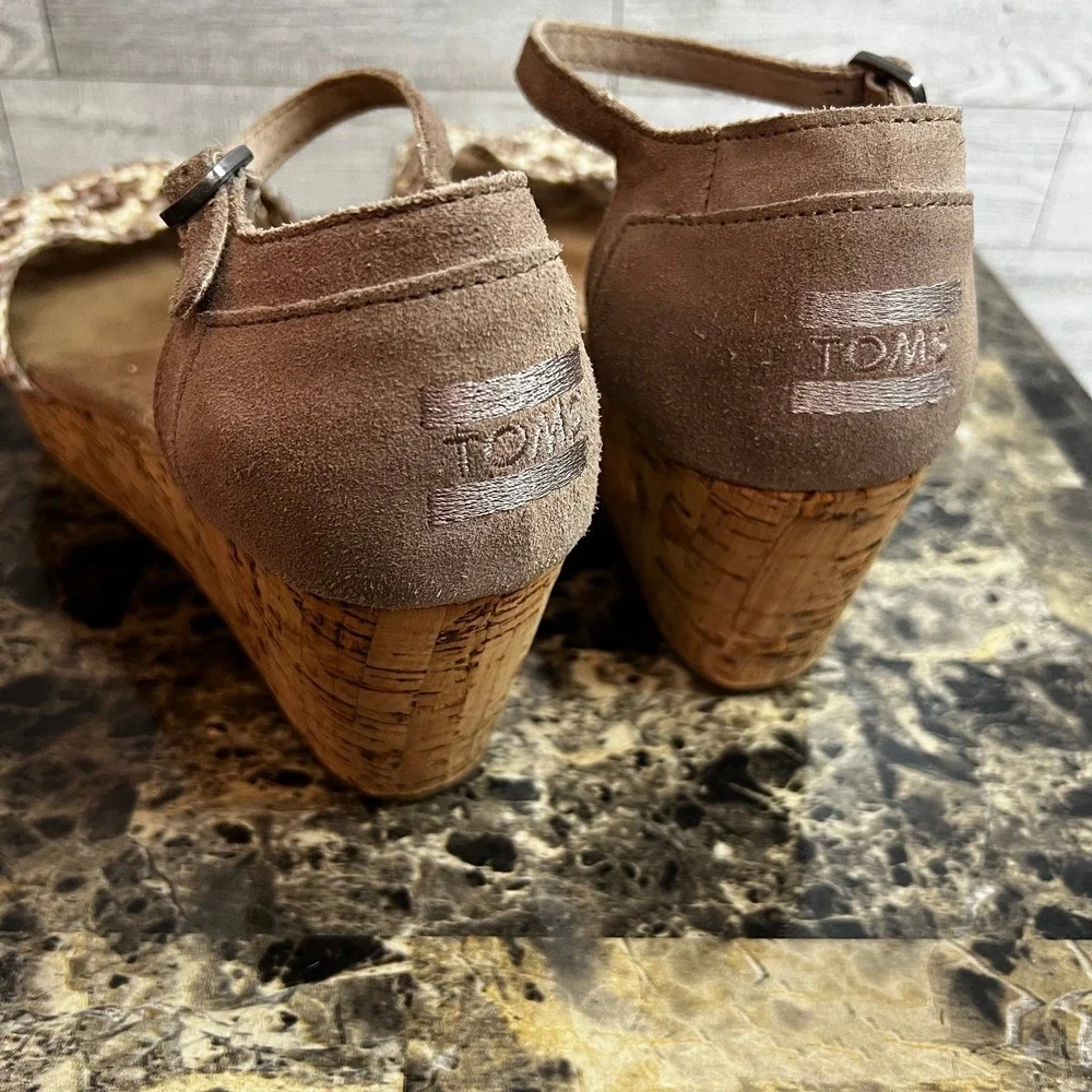 TOMS Platform Wedge Tan Stucco‎ Suede Woven Open Toe Cork Sandals Womens US 8
